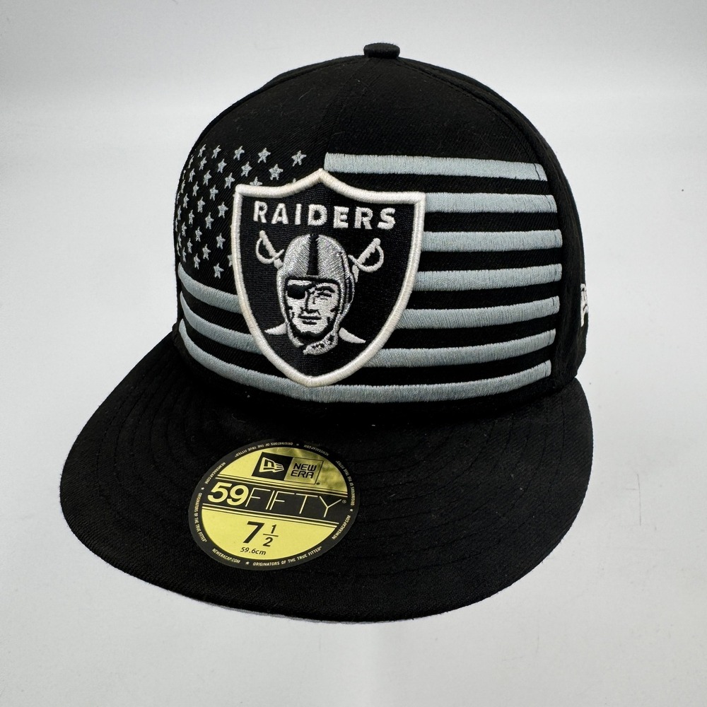 Raiders NFL 100 American Flag New Era 59FIFTY Hat Mens 7 1/2 Black Fitted Cap